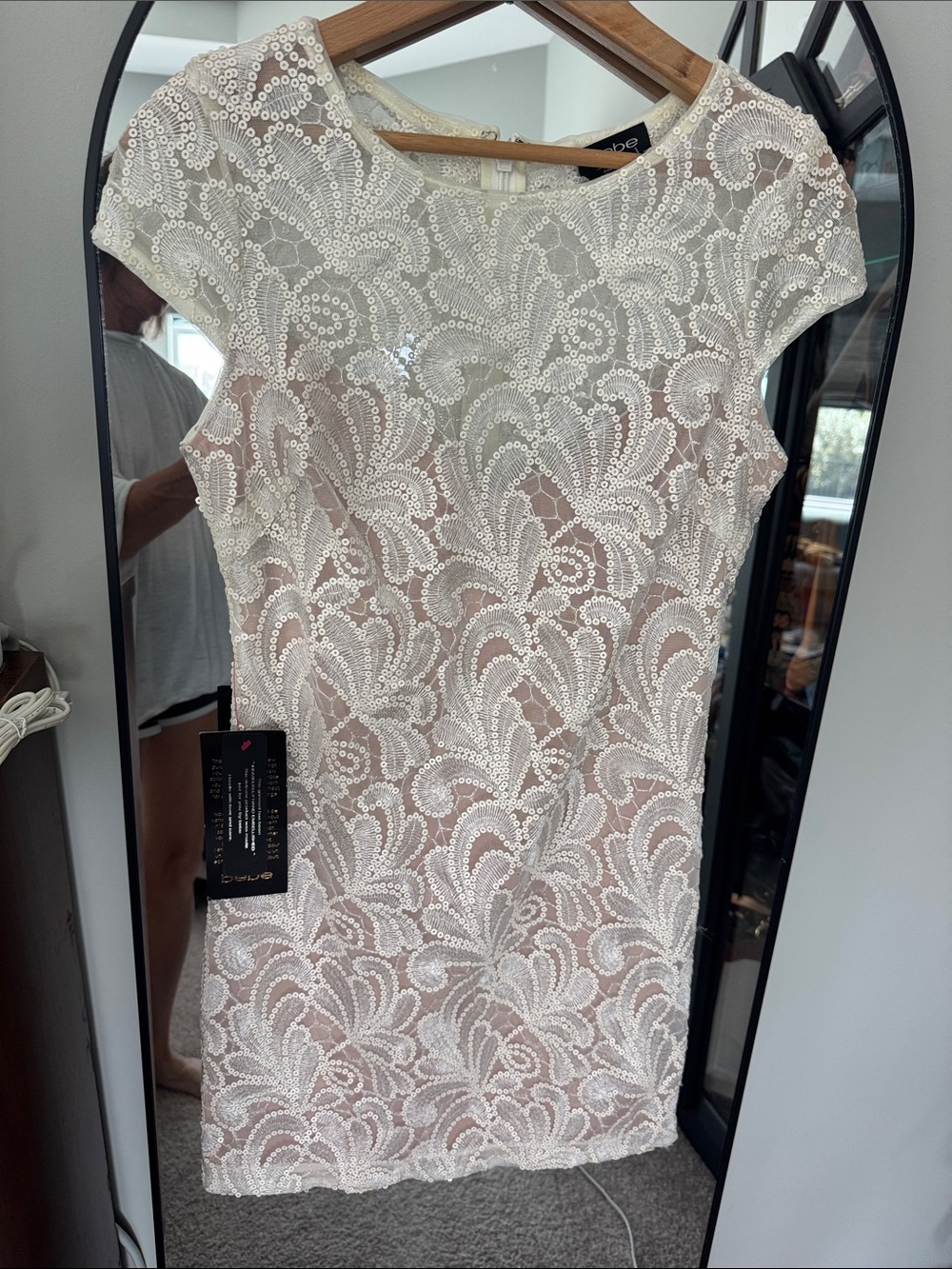 bebe White Sequin Lace Mini Dress